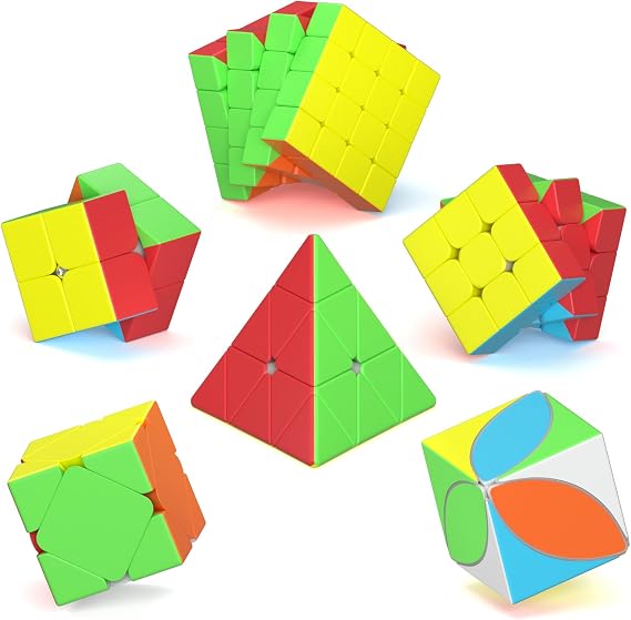 ROXENDA Speed Cube Set, Magic Cube Pack of 2x2 3x3 4x4 Pyramid Skewb Ivy Stickerless Puzzle Cube Bundle, Christmas Birthday Party Toy for Kids Teens Adults (6 Pack)