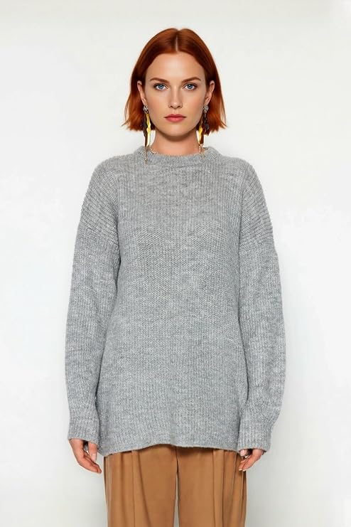Kadın Basic Oversize Bisiklet Yaka Uzun Kol Triko Kazak Günlük Konforlu Şık Kışlık Giyim Kaliteli