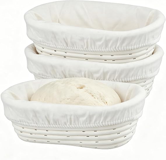 3 Pack 25cm Bread Proofing Baskets, Oval Sourdough Proving Basket with Linen Liner, Banneton Proofing Basket for Professional Home Bakers