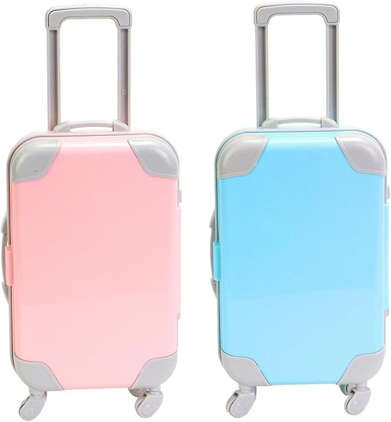 2Pcs Mini Suitcase Realistic Mini Suitcase Party Favor Box Openable Luggage with Extendable Pull Rod & Movable Wheel for Dolls Girls, Style 1