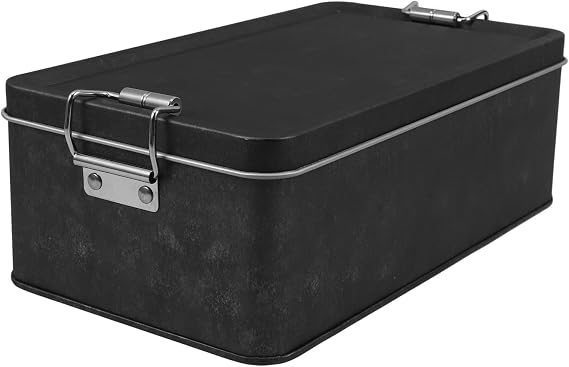 Rectangular Iron Tin Storage Container with Buckle for Cookies and Candy, Multifunctional Storage with Freshness Seal, Elegant Black Metal Box for Kitchen Counter Or Occasion