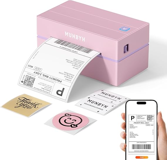 MUNBYN Shipping Label Printer Bluetooth, Postage Thermal Label Printer 4x6 for Business, Compatible with Etsy, Shopify, Royal Mail, DHL, DPD, Evri, with 25 Labels, 130B, Pink