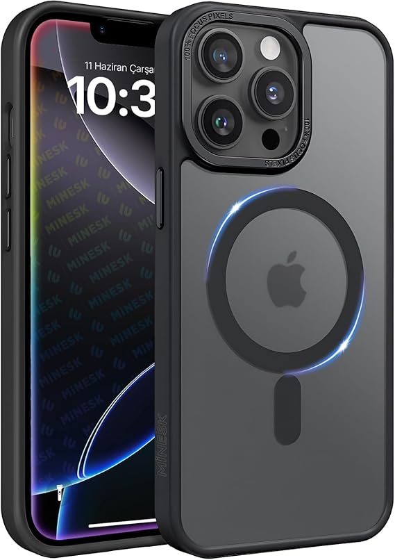 Minesk iPhone 12-12 Pro için Mattmag Serisi Magsafe ile Uyumlu Wireless Şarj Destekli Arkası Mat Silikon Kılıf Yükseltilmiş Lens Çerçeveli ve HassasTakımlı Ultra Güçlü Koruma Kılıf (Siyah, 12-12 Pro)