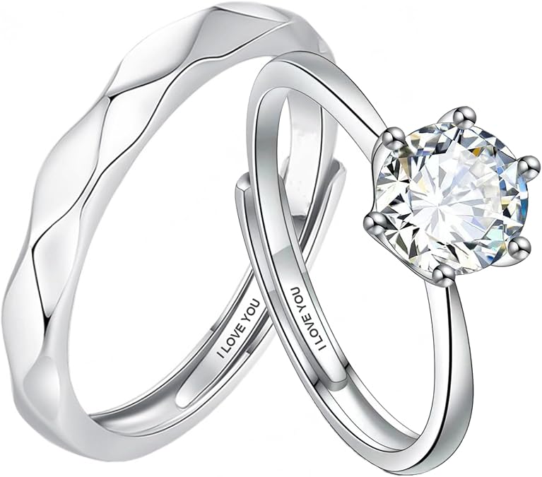 𝐇𝐨𝐢𝐬𝐲 Wedding Rings His and Hers 925 Sterling Silver Matching Rings for Couples Adjustable I Love You Valentine's Day
