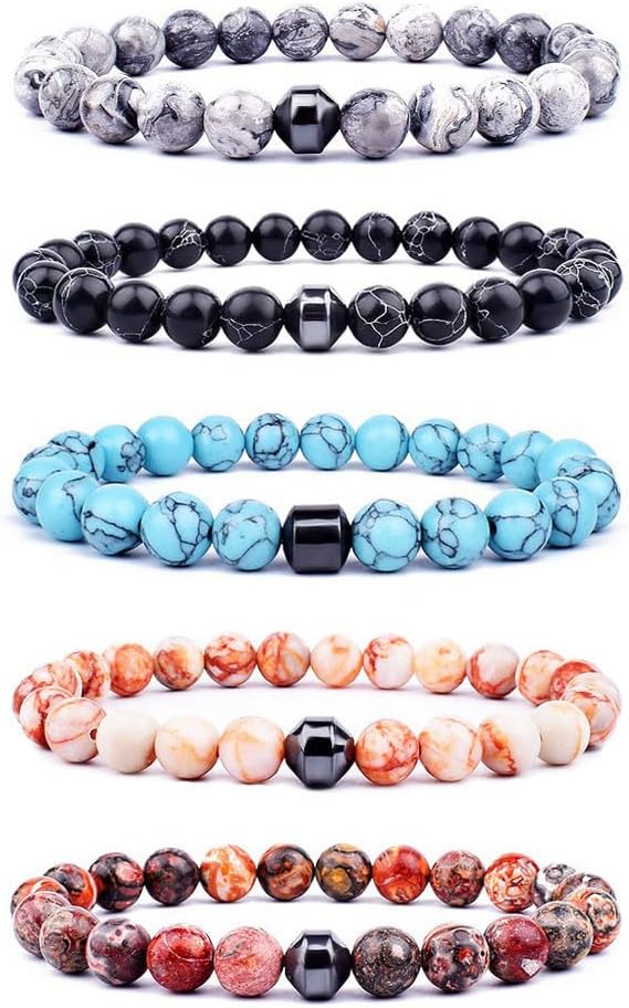 5PCS Natural Stone Beads Bracelet Set Turquoise Volcanic Stone Wrap Bracelets Beach Gifts Black White Grey