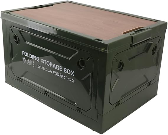 Eacam Foldable Camping Storage Box with Wooden Lid, 50L Folding Storage Bin Container on Wheels for Car Picnic, Outdoor Camping Accessory (Green)