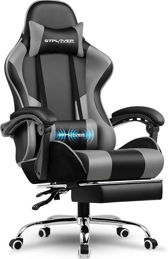GTPLAYER Gaming Chair, Office Chair, Ergonomic PC Chair, Gaming Armchair with Massage-Prepared Backrest, Task Chairs with Footrest and Headrest, Grey Leatherette