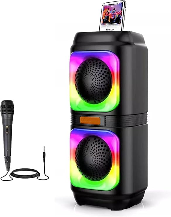 Extra Bass Bluetooth Hoparlör Speaker Karaoke Mikrofonlu 10W 2x4inç Subwoofer RGB Işıklı 1500mAh TWS