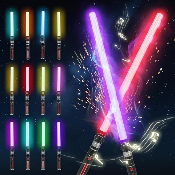 2PCS Light Saber for Kids, Light Up Saber with Sound, 2-in-1 Dual Light Sword, 12 Colours Retractable, LED Light Saber Sword Toy, Expandable Handle for Halloween Dress Up Parties, Xmas Gift