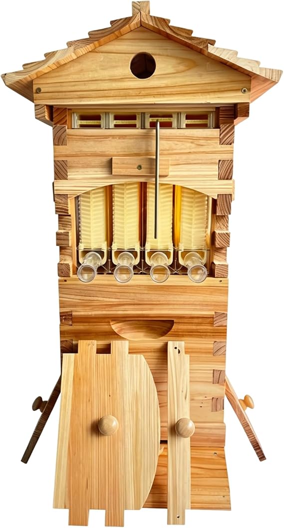 Self-Flow Hive Beehive Starter Kit with Observation Window and Honey Spout, Includes 6 bee Frames and 4 Honeycomb Trays, for Beekeeping,Garden Pollinators