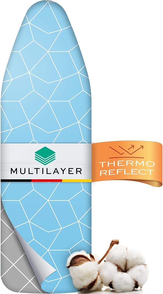 Turbo Ironing Board Cover 120 x 40 cm - Heat Reflective for Faster Ironing - Easy Assembly with Elastic Band - 2 x Comfort Padding Size M