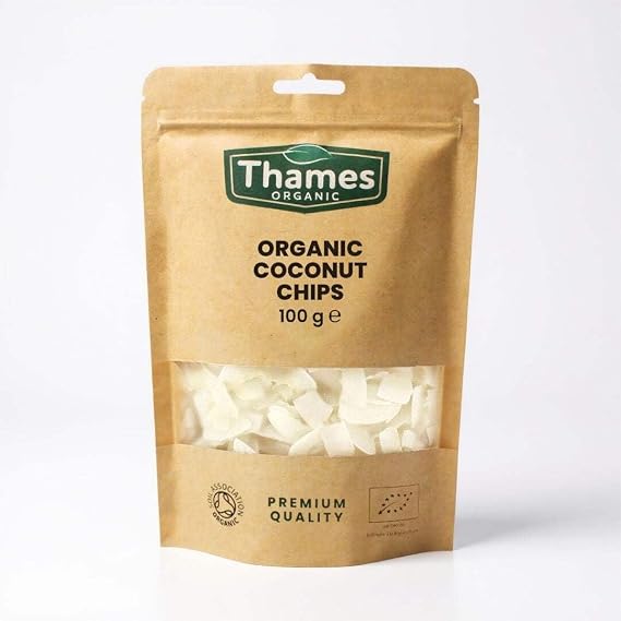 Organic Coconut Chips - Unsweetened, High Fibre, Raw, Vegan, GMO-Free, Certified Organic - No Additives or Preservatives - Nutritious and Delicious, Perfect Snack - Thames Organic 100g