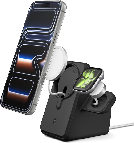 Spigen MagFit Duo Stand Compatible with MagSafe Charger 25W 2025-2024 Holder Case Mount for iPhone 17/16/15, AirPods, and Apple Watch Series (Charger Not Included) - Black