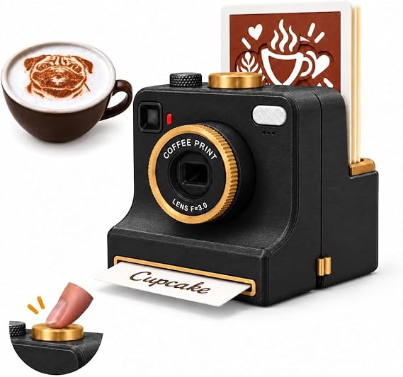 3D Printed Latte Art Camera Manual Coffee Powder Printer, Mechanical Coffee Stencil Maker With Multiple Interchangeable Stencil Cards For Cappuccino, Hot Chocolate & Dessert, Home Cafe Decorating Tool
