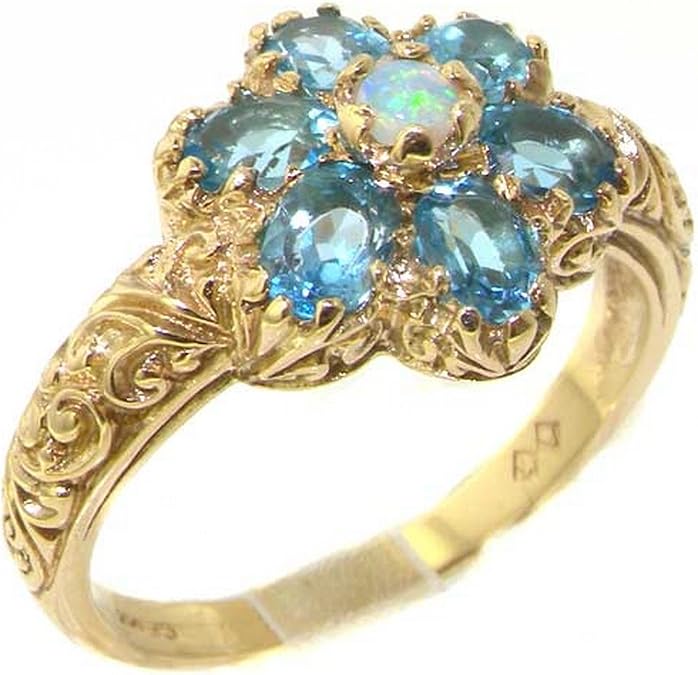 LBG Solid 14ct Yellow Gold Fiery Opal & Blue Topaz Womans Art Nouveau Flower Ring
