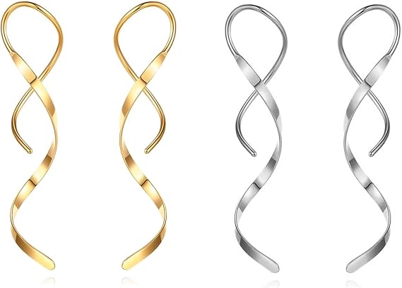 2 Pairs Spiral Threader Earrings,Handmade Twisted Curved Pull Through Earrings Needle Bar Drop Threader Pull Through Tassel Dangle Curve Twist Earrings