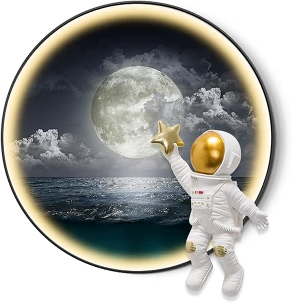 QSTGX Canvas initial Round Picture Frame Dream Astronaut Bedroom Hanging Painting, Textured Crystal Porcelain Mural, Indoor Wall Hanging(K,70X70X4CM)
