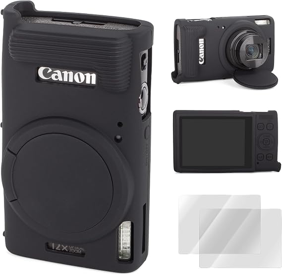 Rieibi Camera Case for Canon IXUS 285 HS, Accessories for Canon IXUS 285 HS Camera with 2 Pack Screen Protectors & Detachable Lens Cover, Slim Fit Anti-Scratch Protective(Black)