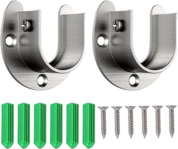 2 Pack Wardrobe Rail Bracket, Flange Rod Holder with Screws, Stainless Steel U-Shaped Brackets for Poles, Recess Brackets for Curtain Poles, 25mm