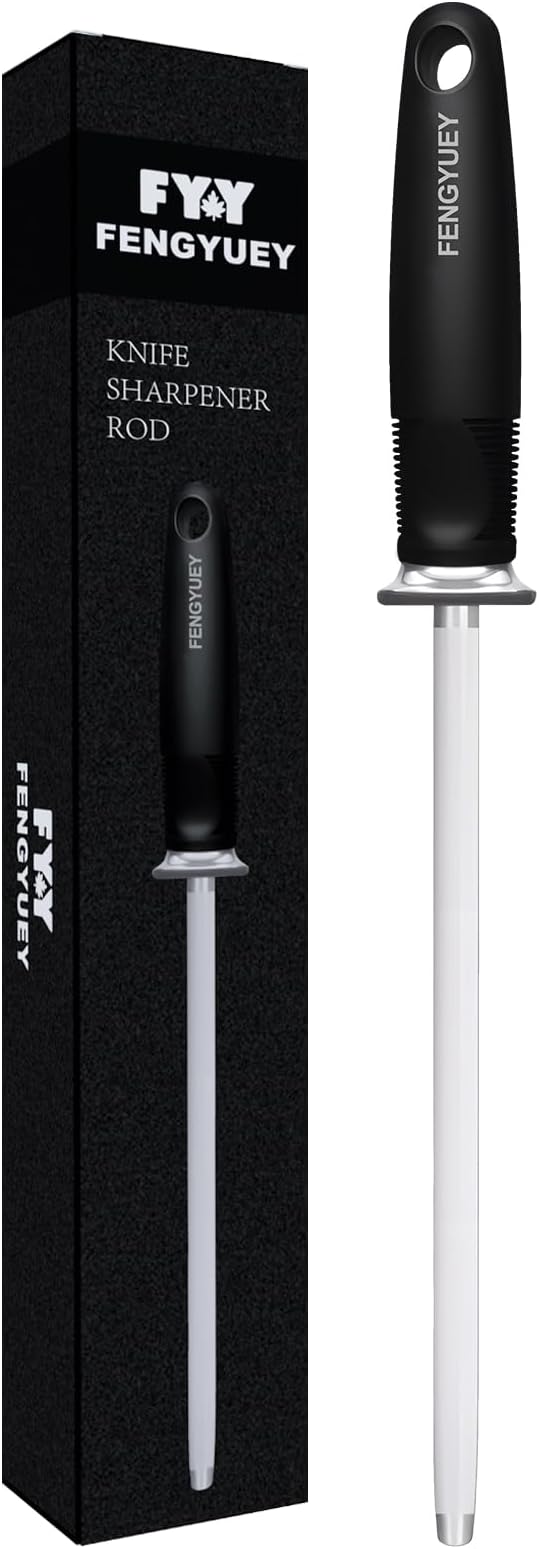 Knife Sharpener Rod [Original] - Carbon Steel Professional Knife Sharpening Steel, Honing Rod for Kitchen Knives | Ergonomic Large Soft-Touch Handle with Hanging Hole | 14-inch Black