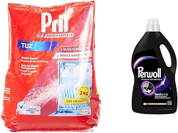 Pril Duo Power Experts Kirece Karşı Etkili Bulaşık Makinesi Tuzu (1 x 2000 g) + Perwoll Siyahlar için Hassas Sıvı Çamaşır Deterjanı 4 L 1 Paket (1 x 4000 ml)