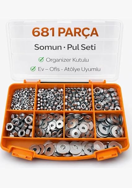 681 Parça Somun ve Pul Seti, DIN 934, M3-M8 Metrik Somun, Whitworth Düz Pul, Organizer Kutulu