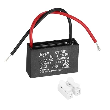 sourcing map CBB61 Ceiling Fan Capacitor, 1uF 450V AC 2 Wires Ceiling Fan Capacitor Replacement with Terminal Blocks for Pump Motor Generator Blower, 37x22.5x12mm
