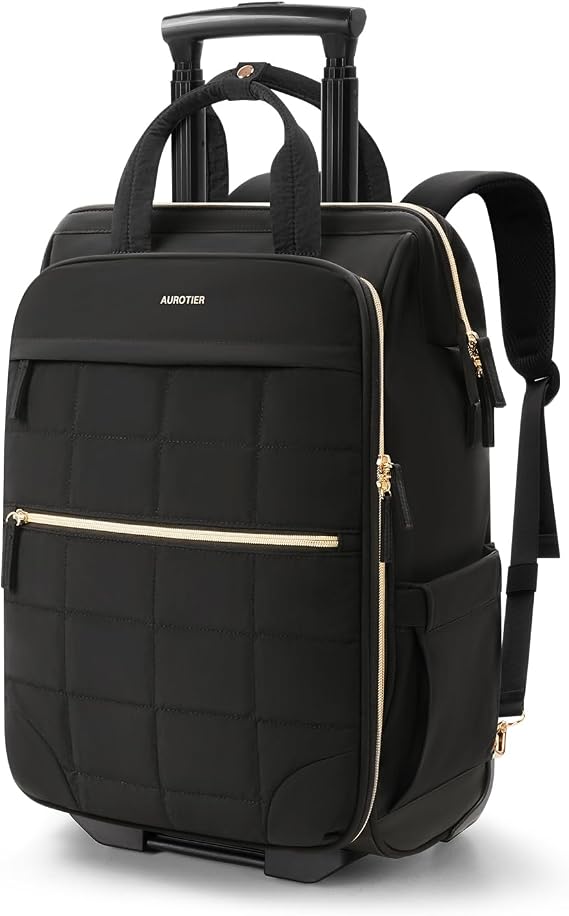 AUROTIER Rolling Puffer Backpack for Women, Wheeled Laptop Backpack, Travel Backpack with Wheels, Underseat Carry on Luggage