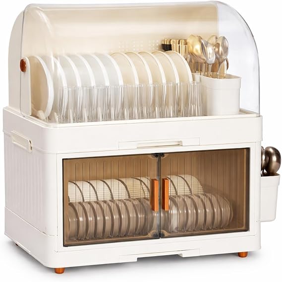 Kitchen Storage Boxes with Lid, Countertop Dish Drainer Drying Rack Cabinet, Storage Organizer with Plate Slots, Cup Storage, Cutlery Holders and Doors for Plates, Bowls, Cups and Utensils