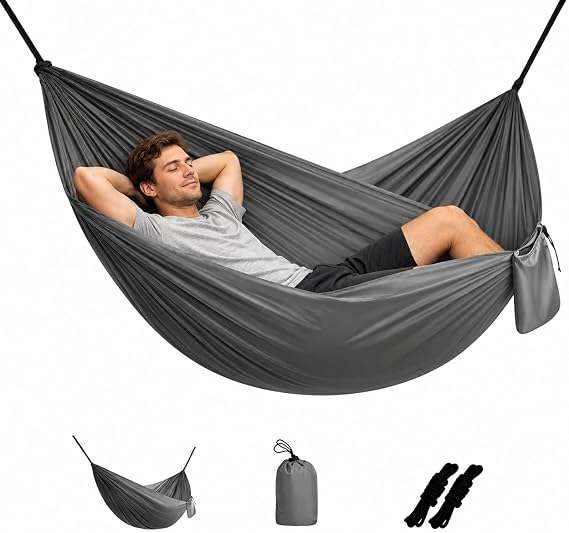 Camping Hammock Lightweight, Portable Hammocks Parachute-Hammock with Two Tree Straps, Single or Double-Hammock with Tree Straps and Carry Bag for Beach Backpacking Hiking (Gray)