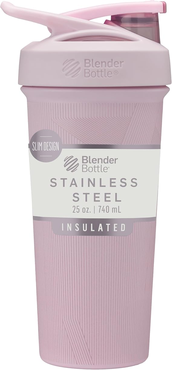 BlenderBottle Strada Shaker Cup, Insulated Stainless Steel Water Bottle with Wire Whisk, 25 oz, Pink Stripe