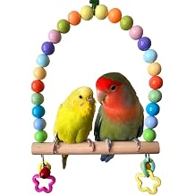 Large Bird Swing for Cage Parrot Wooden Perch Stands Cockatiel Hanging Toy with Bell Parakeet Colorful Beads Climbing Training Toys Playground Birdcage Accessories for Macaws Quaker Conures Lovebirds