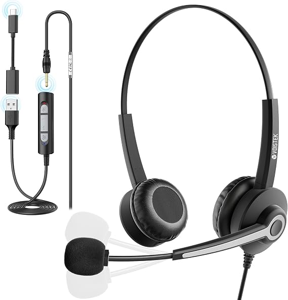 Voistek USB Headset with Microphone for Laptop PC, 3-in-1 Type-C/USB-A/3.5mm Jack Wired Computer Headset with Noise Cancelling Mic，Headphone for Office Work, VoIP, Call Center, Teams, Zoom, Skype