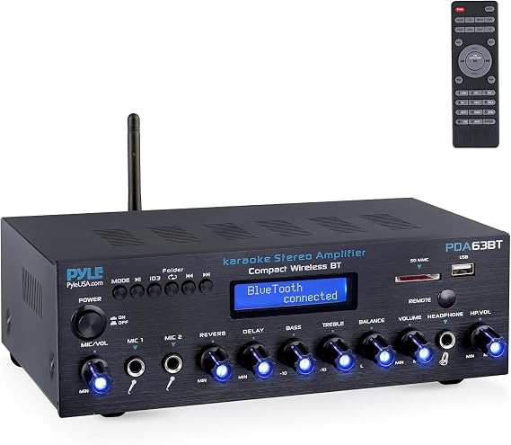 Pyle Wireless Bluetooth Stereo Amplifier, Multi Channel 200W Home Audio Receiver, Karaoke Machine with Microphone Input, Bluetooth Speaker Connection, USB SD AUX RCA, Voice Amplifier for Teachers