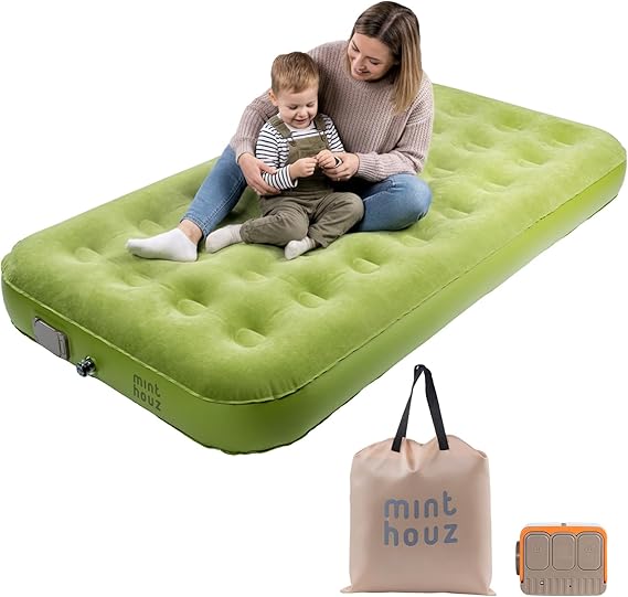 Minthouz Single Inflatable Mattress, Air Bed with Built-in Electric Pump, Extra Wide & Thickened Camping Mattress, Upgraded Surface Leakproof Sleeping Mat for Guest, Camping, Outdoors