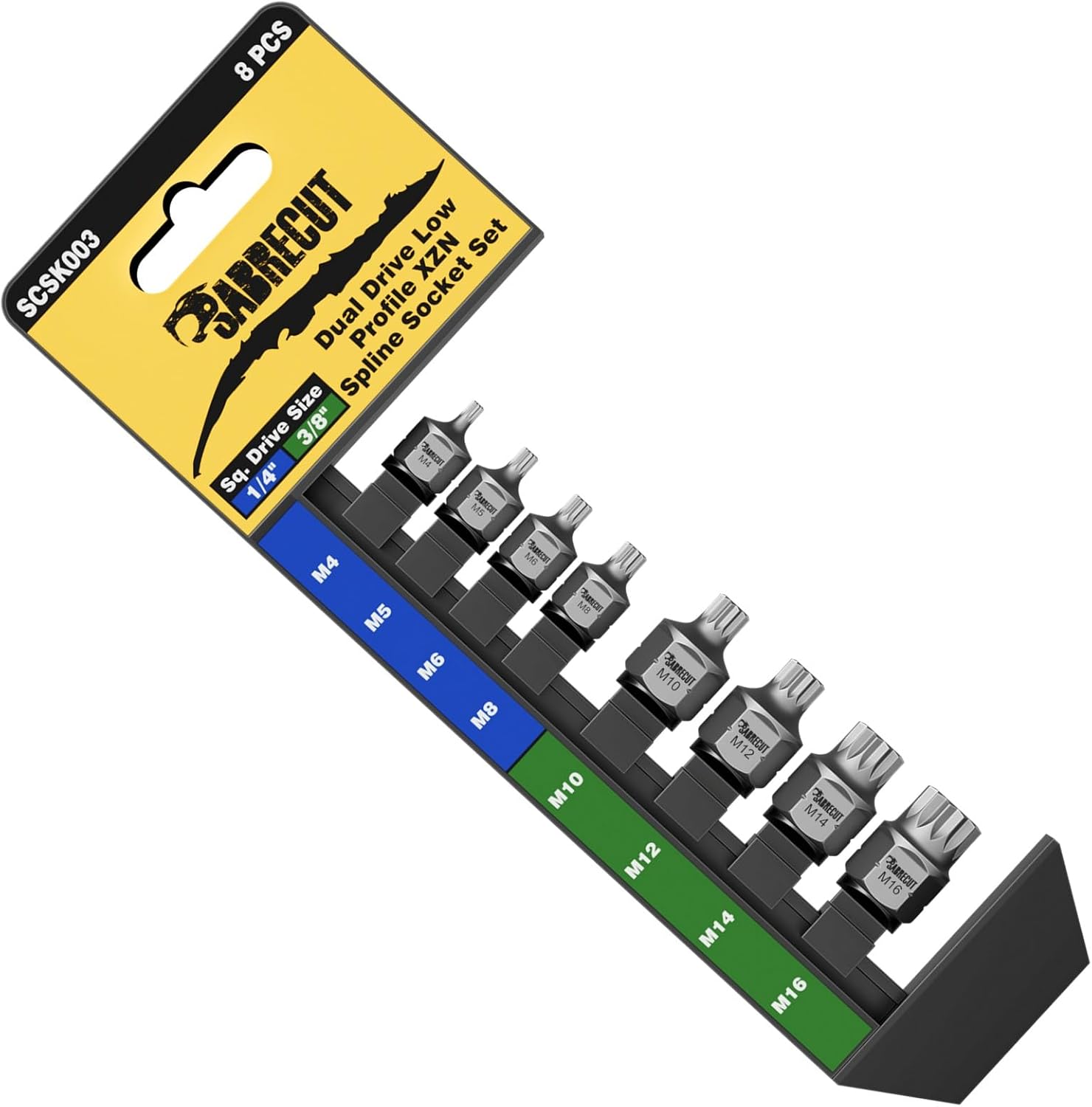 1 x SabreCut SCSK003 8 Piece Double Drive Flat Profile XZN Triple Square Socket Set M4-M16 Ultra Slim Profile 1/4 and 3/8 Drive + Hexagon Socket S2 Impact Steel