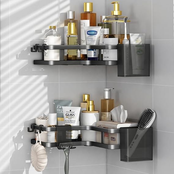 WUBAY Corner Shower Caddy 5 Pack, No Drill Quick Dry Shower Corner Shelves, Razor Holder Toothbrush Holder Set, Rustproof Stainless Steel Bathroom Storage Accessory Shelves (Black)