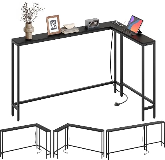 YATINEY Slim Console Table, 180 cm Narrow Sofa Table with Power Outlets, Behind Entryway Table, 3 Assembly Options, for Entryway, Black XCT07KBB