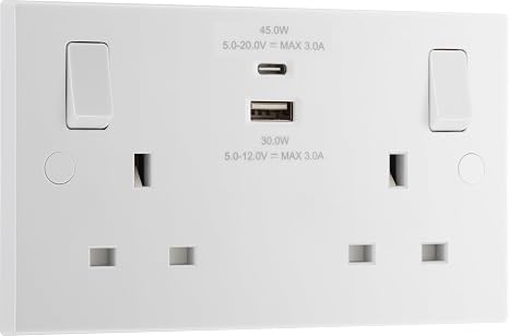 BG Electrical 45W Double Switched Power Wall Plug Socket with Super Fast Charge Type A & C USB Charging Ports, Square Edge, Nexus 900 Series, White Moulded, 13A, 922UAC45