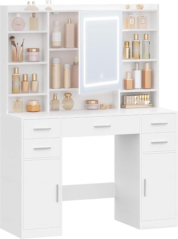 HEXCELEN 108 cm Dressing Table with Mirror, Vanity Desk, Adjustable 3-Colour LED Lights, Makeup Desk with Hidden Shelves, 5 Drawers, 2 Cabinets and 9 Open Shelves, for Bedroom, White