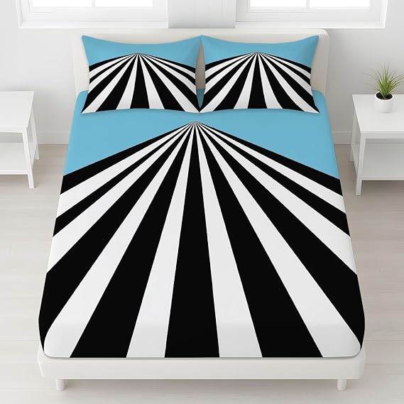 Optical Illusion Single Fitted Sheet Black And White Lines Bed Sheets Deep Pocket 12 inch (30 cm) Soft Cozy 3 Piece Microfibre Bed Sheet 90x190 cm with 2 Pillowcases 50x75 cm