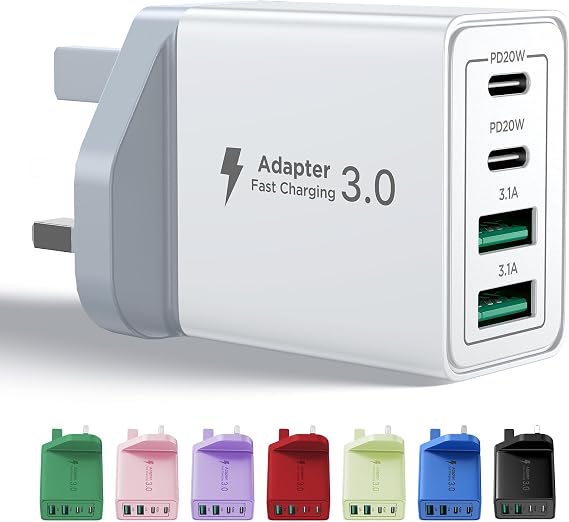 USB C Plug Fast Charge, 40W 4-Port Multi USB Charger Plug UK Dual Port PD Power Adapter +QC Wall plug Multiport Mains Type C Charging Plug for iPhone 17 16 15 14 13 12 11 Pro Max XS XR 8, Samsung, Pad