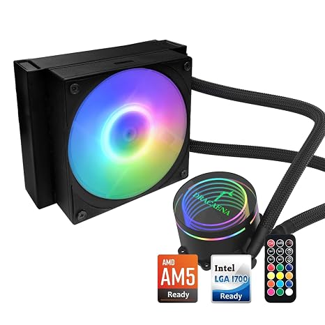 Dracaena.io 120mm AIO CPU Cooler - Single Quiet PWM Fan with ARGB Controller and Aluminum Radiator for Small Form Factor PC - Supports AMD Ryzen 3/5/7, Intel TDP 180W, LGA 1700/1200/115X Black