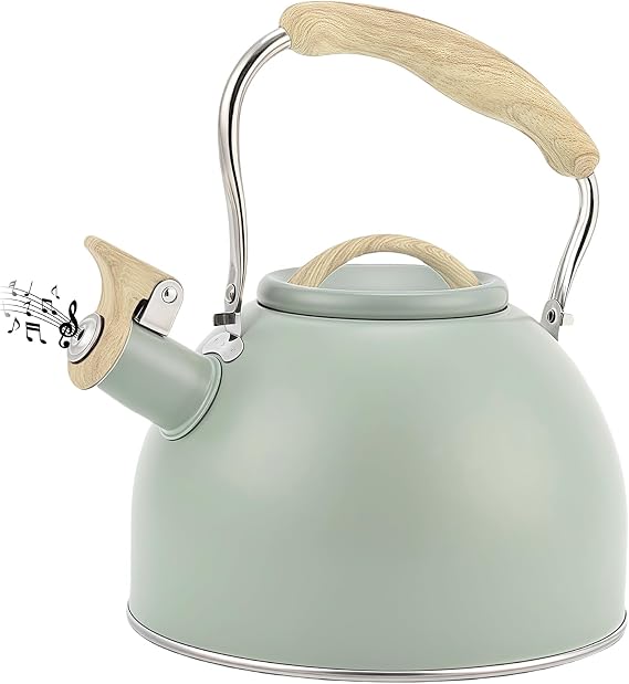 Flintronic 3L Whistling Kettle, Stove Induction Kettle with Wood Grain Handle, Whistling Teapot for Kitchen Gas Hob, Induction Cooker, Green