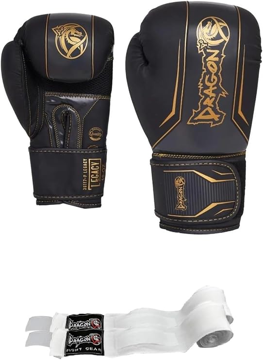 Dragondo Legacy Kick Boks Eldiveni, 12 oz, Siyah, Beyaz Bandajlı 2'li Set