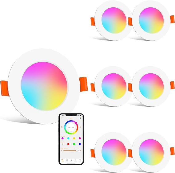 LED Downlights for Ceiling Compatible with Alexa, 8W Colour Changing Recessed Ceiling Light, Smart RGB & 2700K-6000K Bluetooth Spotlights, IP44 Ceiling Lights for Bedroom Living Room, 6 Pack [Energy Class E]