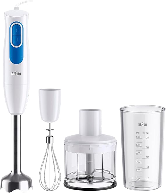 Braun Minipimer MultiQuick 2 Hand Blender with Chopper and Stick for Soups, Smoothies and Baby Porridge, 2 Speeds, Measuring Cup, 600W, White (MQ20236MWH)