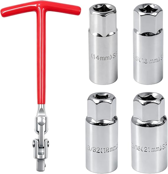 5 Pcs Drive Spark Plug Socket Tool Kit, T-Handle Spark Plug Socket Removal Stainless Steel,14mm-16mm-18mm-21mm