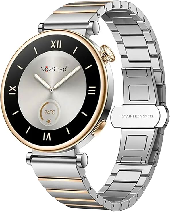 NovStrap Huawei Watch GT6 41mm GT4 41mm GT5 41mm GT5 Pro 42mm ile Uyumlu Kordon (18mm) One Click Çelik Metal GÜMÜŞ-GOLD