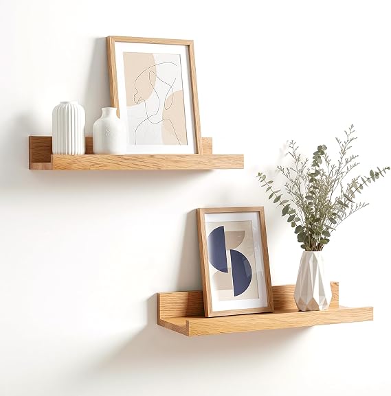 Oak Shelves, Solid Oak Floating Shelves 30cm Set of 2, Rustic Wooden Wall Shelves with Lip, Oak Picture Ledge Shelf for Living Room, Kitchen, Acoustic Wall Panel Shelf & Display (Wooden)